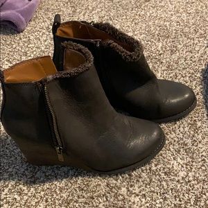 Brown zip up wedge heel booties